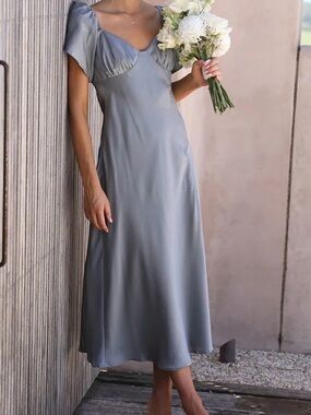 NWT Billy J Louisa Bridesmaid Satin Steel Blue Midi Dress